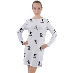 Black And White Surfing Motif Graphic Print Pattern Long Sleeve Hoodie Dress by dflcprintsclothing