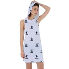 Black And White Surfing Motif Graphic Print Pattern Racer Back Hoodie Dress by dflcprintsclothing