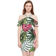 Monstera Flowers Shoulder Frill Bodycon Summer Dress by goljakoff