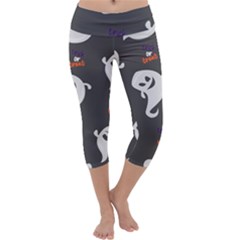 Halloween Ghost Trick Or Treat Seamless Repeat Pattern Capri Yoga Leggings by KentuckyClothing