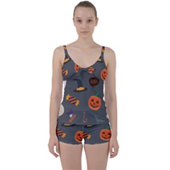 Halloween Themed Seamless Repeat Pattern Tie Front Two Piece Tankini