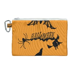 Happy Halloween Scary Funny Spooky Logo Witch On Broom Broomstick Spider Wolf Bat Black 8888 Black A Canvas Cosmetic Bag (large) by HalloweenParty