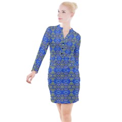 Gold And Blue Fancy Ornate Pattern Button Long Sleeve Dress