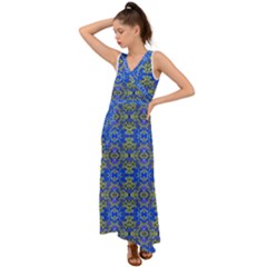 Gold And Blue Fancy Ornate Pattern V-neck Chiffon Maxi Dress