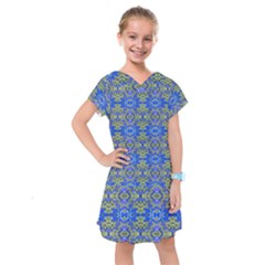 Gold And Blue Fancy Ornate Pattern Kids  Drop Waist Dress by dflcprintsclothing