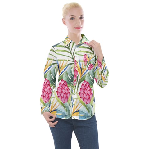 Tropical Flowers Women s Long Sleeve Pocket Shirt by goljakoff