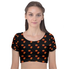 Kawaii Pumpkin Black Velvet Short Sleeve Crop Top  by vintage2030