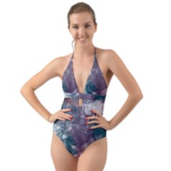 Teal And Purple Alcohol Ink Halter Cut-out One Piece Swimsuit by Dazzleway