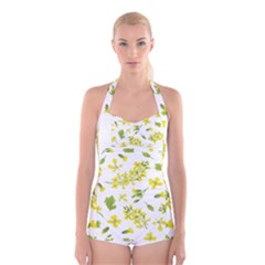 Yellow Flowers Boyleg Halter Swimsuit  by designsbymallika