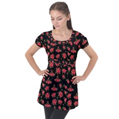 Red Roses Puff Sleeve Tunic Top by designsbymallika