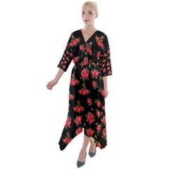 Red Roses Quarter Sleeve Wrap Front Maxi Dress by designsbymallika