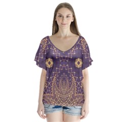 Gold And Purple V-neck Flutter Sleeve Top by Dazzleway