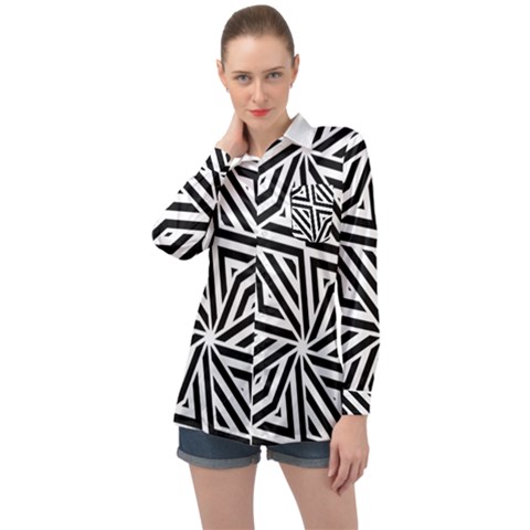 Black And White Abstract Lines, Geometric Pattern Long Sleeve Satin Shirt by Casemiro