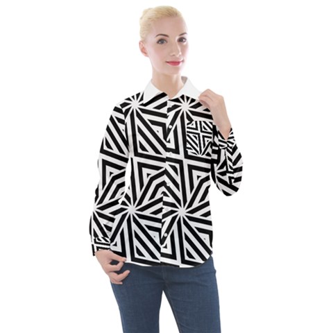 Black And White Abstract Lines, Geometric Pattern Women s Long Sleeve Pocket Shirt by Casemiro