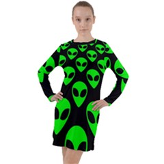 We Are Watching You! Aliens Pattern, Ufo, Faces Long Sleeve Hoodie Dress by Casemiro