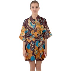 Butterfly And Flowers Half Sleeve Satin Kimono  by goljakoff