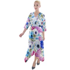 Purple Flowers Quarter Sleeve Wrap Front Maxi Dress by goljakoff