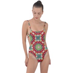 Red Green Floral Pattern Tie Strap One Piece Swimsuit