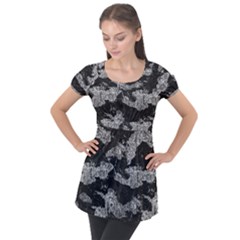 Black And White Cracked Abstract Texture Print Puff Sleeve Tunic Top by dflcprintsclothing