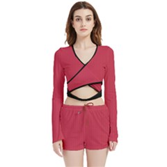 French Raspberry Red - Velvet Wrap Crop Top And Shorts Set