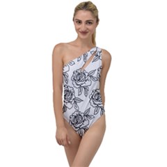 Line Art Black And White Rose To One Side Swimsuit by MintanArt