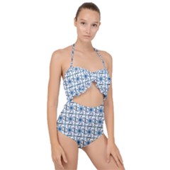 Blue Floral Pattern Scallop Top Cut Out Swimsuit by MintanArt