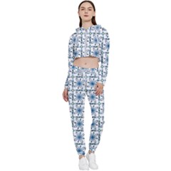 Blue Floral Pattern Cropped Zip Up Lounge Set by MintanArt