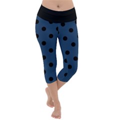 Large Black Polka Dots On Aegean Blue - Lightweight Velour Capri Yoga Leggings by FashionLane