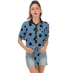 Large Black Polka Dots On Air Force Blue - Tie Front Shirt  by FashionLane