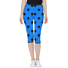 Large Black Polka Dots On Azure Blue - Inside Out Lightweight Velour Capri Leggings  by FashionLane