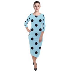 Large Black Polka Dots On Blizzard Blue - Quarter Sleeve Midi Velour Bodycon Dress