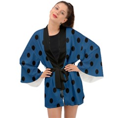 Large Black Polka Dots On Classic Blue - Long Sleeve Kimono by FashionLane