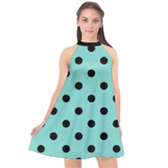 Large Black Polka Dots On Tiffany Blue - Halter Neckline Chiffon Dress  by FashionLane