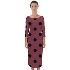 Large Black Polka Dots On Brandy Brown - Quarter Sleeve Midi Bodycon Dress by FashionLane