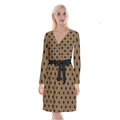 Large Black Polka Dots On Coyote Brown - Long Sleeve Velvet Front Wrap Dress by FashionLane