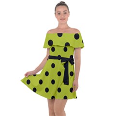 Large Black Polka Dots On Acid Green - Off Shoulder Velour Dress by FashionLane