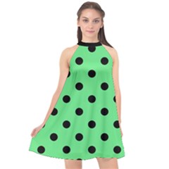 Large Black Polka Dots On Algae Green - Halter Neckline Chiffon Dress  by FashionLane