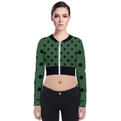 Large Black Polka Dots On Basil Green - Long Sleeve Zip Up Bomber Jacket by FashionLane