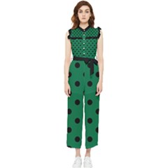 Large Black Polka Dots On Cadmium Green - Women s Frill Top Jumpsuit