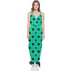 Large Black Polka Dots On Caribbean Green - Sleeveless Tie Ankle Jumpsuit by FashionLane