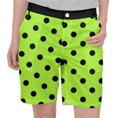 Large Black Polka Dots On Chartreuse Green - Pocket Shorts