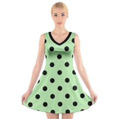 Large Black Polka Dots On Pale Green - V-neck Sleeveless Dress by FashionLane