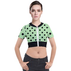 Large Black Polka Dots On Pale Green - Short Sleeve Cropped Jacket by FashionLane