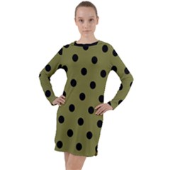 Large Black Polka Dots On Woodbine Green - Long Sleeve Hoodie Dress by FashionLane