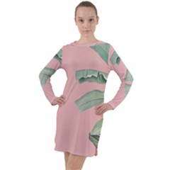 Palm Leaf On Pink Long Sleeve Hoodie Dress by goljakoff