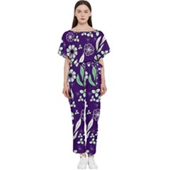 Floral Blue Pattern  Batwing Lightweight Jumpsuit