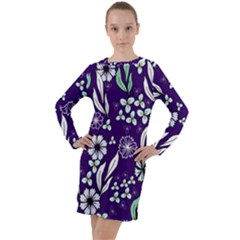 Floral Blue Pattern  Long Sleeve Hoodie Dress by MintanArt