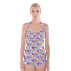 Cute Emoticon Pattern Boyleg Halter Swimsuit  by designsbymallika