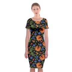 Orange Flowers Pattern Classic Short Sleeve Midi Dress