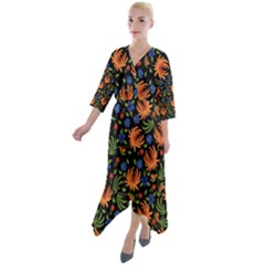 Orange Flowers Pattern Quarter Sleeve Wrap Front Maxi Dress by designsbymallika